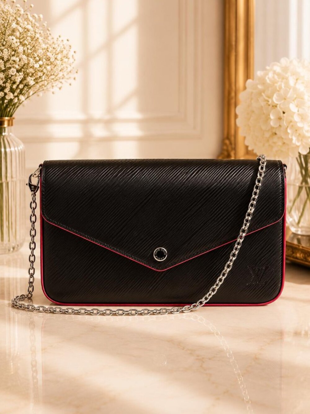 Authentic Louis Vuitton Felicie Pochette Epi Leather Black Pink Crossbody Bag